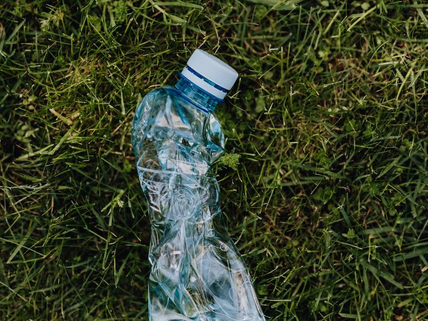 crumpled plastic bottle on green lawn
