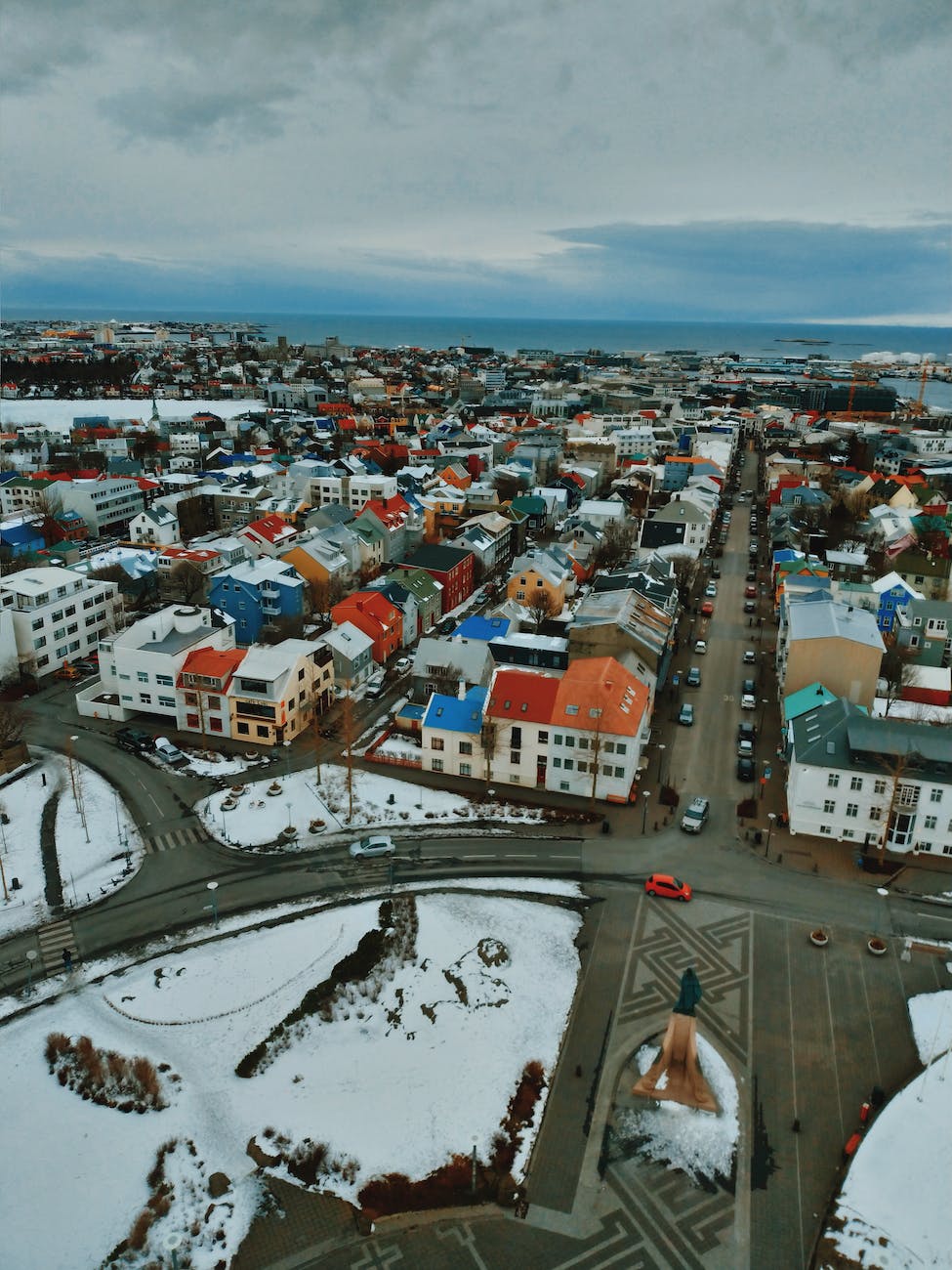 scenery of streets and buildings of snowy reykjavik