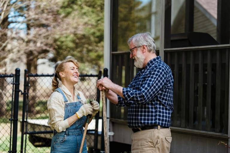 elderly couple having a conversation