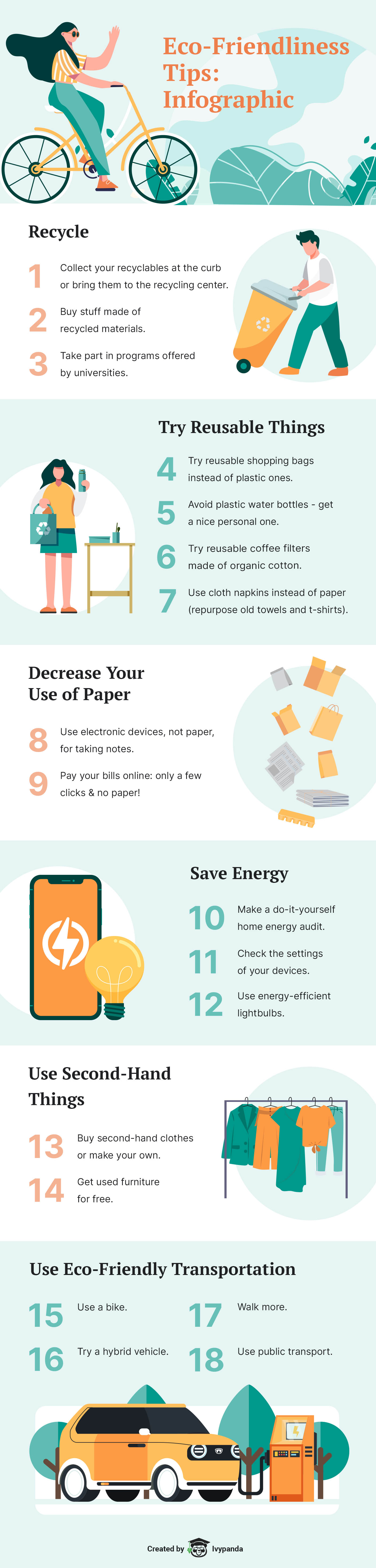 The infographic contains 18 easy tips on becoming more sustainable & eco-friendly.