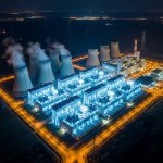 Aerial night view of a massive data center complex with glowing lights and cooling towers, representing AI energy consumption