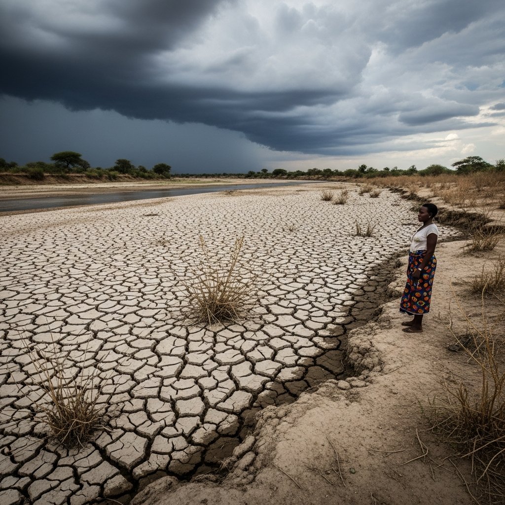 Woman standing at edge of a dried riverbed in drought-stricken sub-Saharan Africa under storm clouds