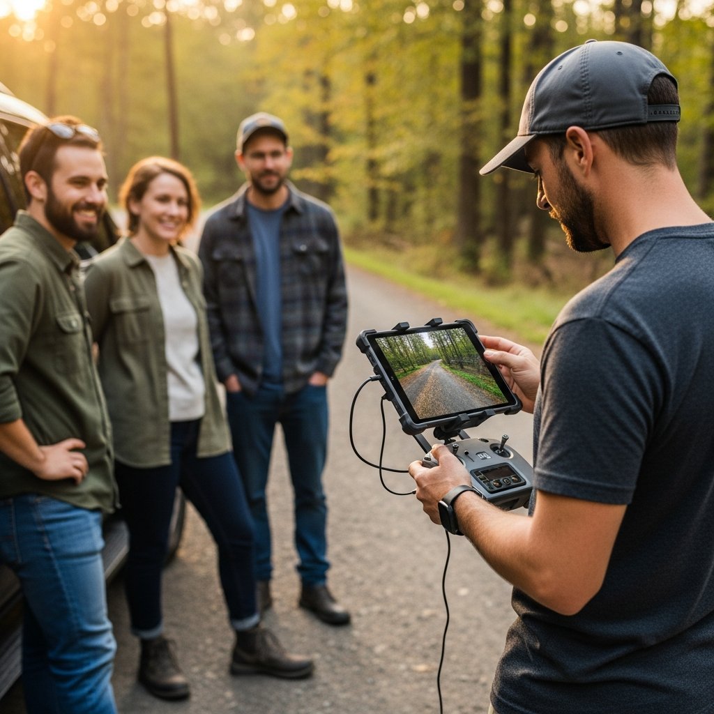 Community volunteers using drone and tablet technology to identify illegal dumping sites in a wooded area.