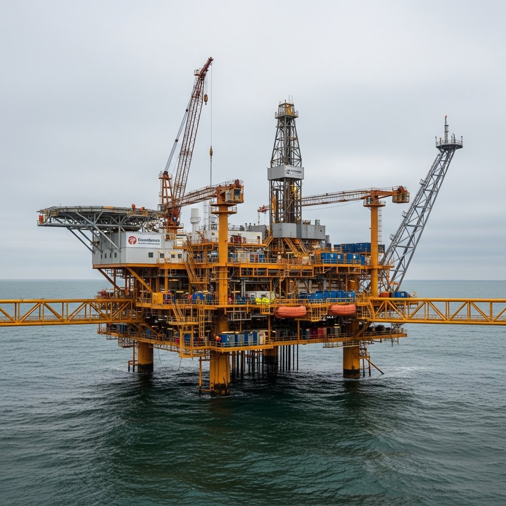 Operational North Sea oil and gas platform with maintenance crew working on existing infrastructure