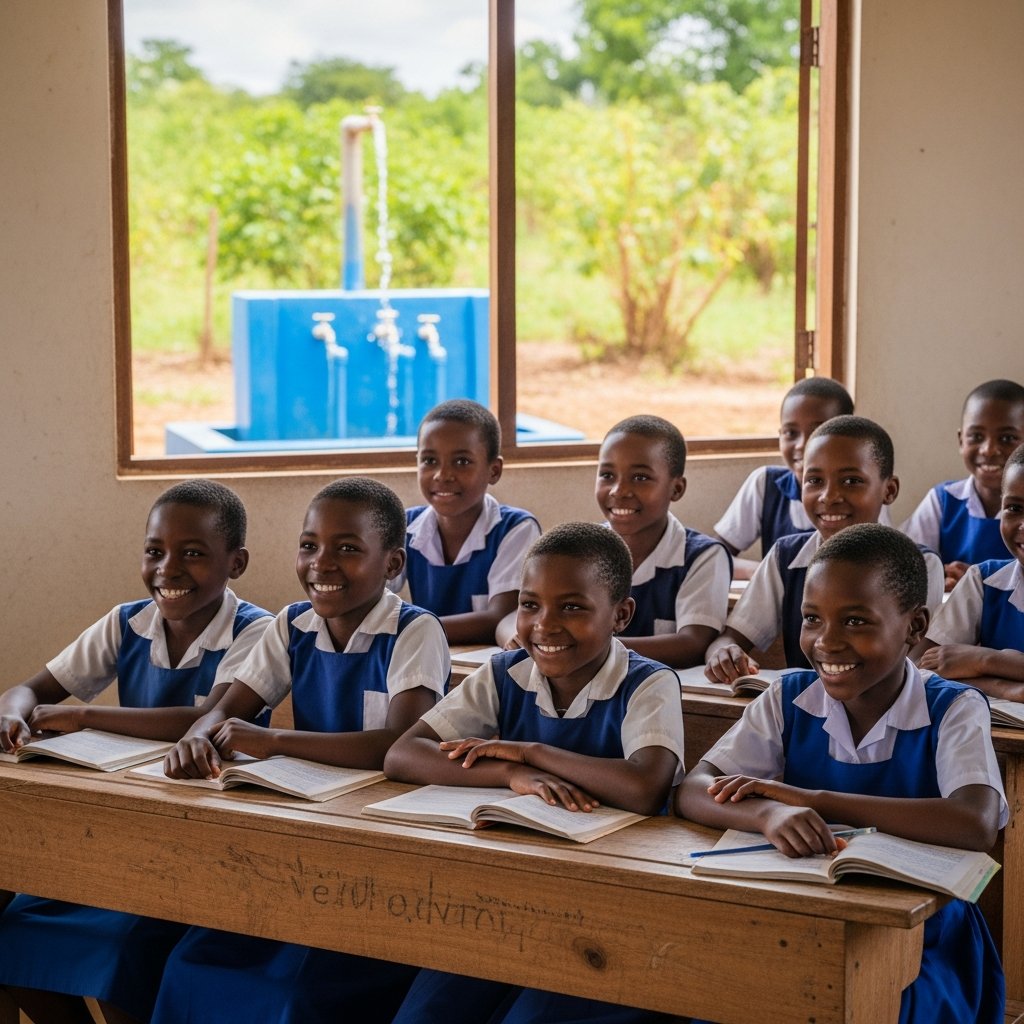 African schoolgirls studying in a bright classroom with a community water tap visible outside the window