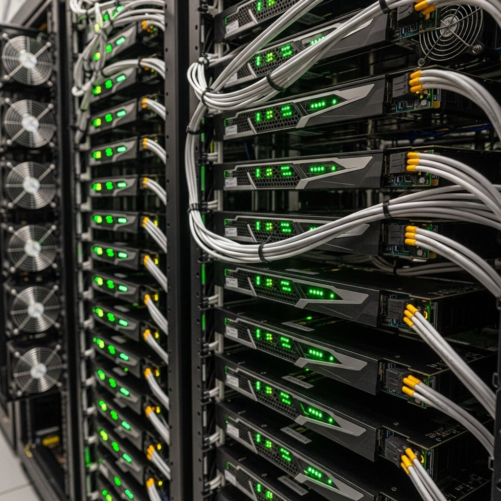 Rows of GPU server racks with glowing indicator lights inside a data center running AI model workloads.