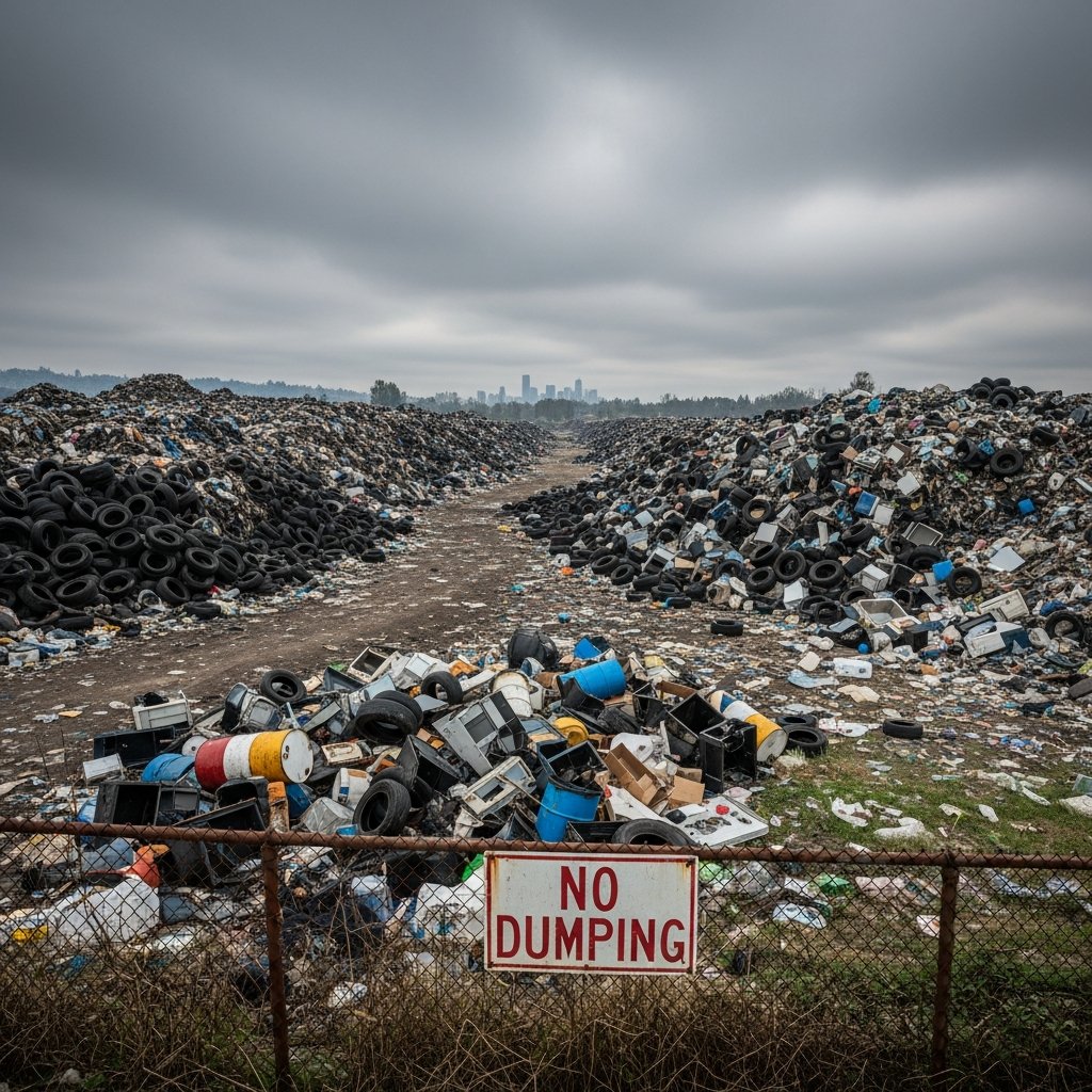 Large illegal dumping site with piles of waste, chemical drums, and discarded electronics near an urban area.