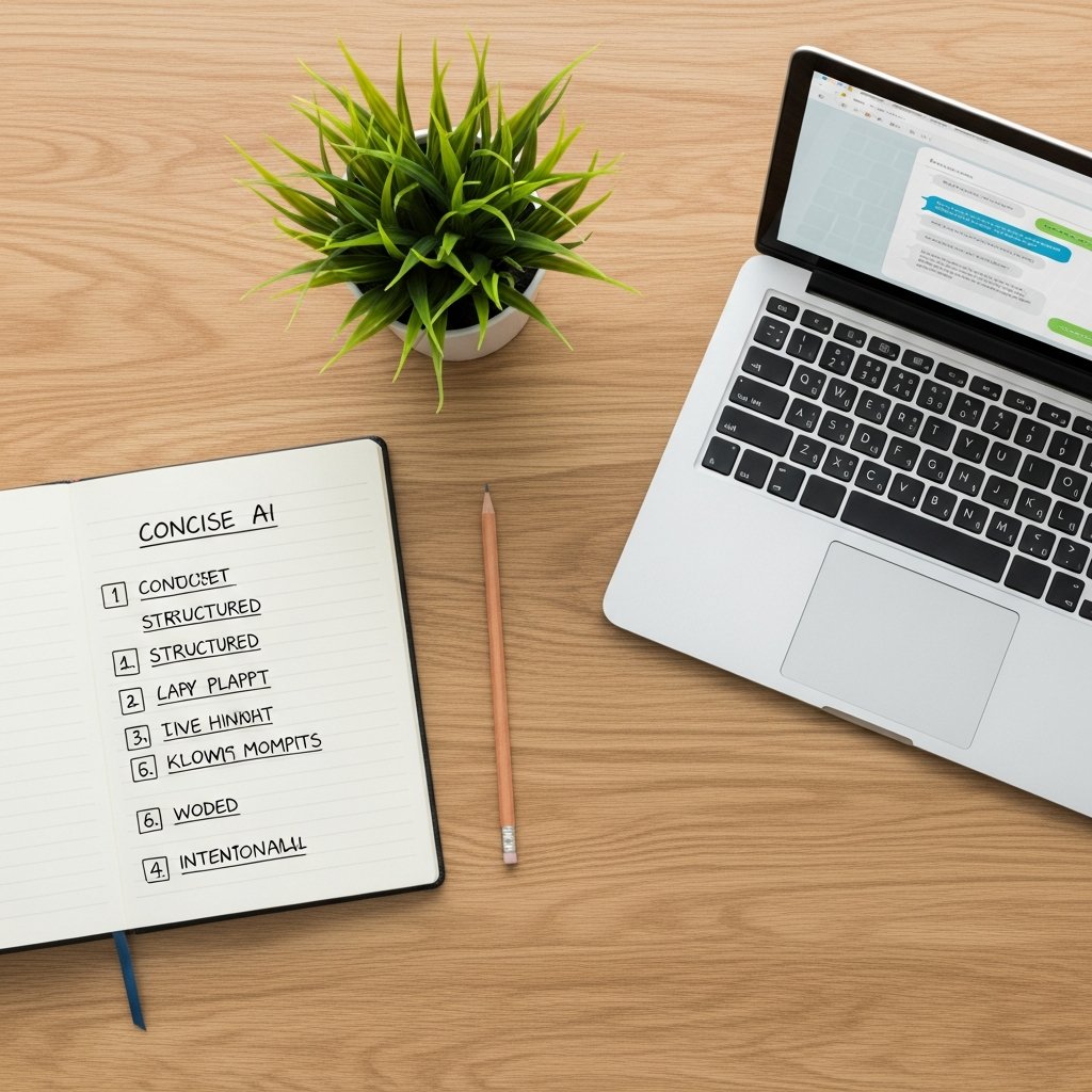 Desk with a notebook of structured AI prompts and a green plant, representing deliberate and sustainable AI usage habits.