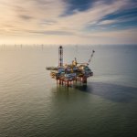 North Sea oil platform with offshore wind turbines visible in the background at golden hour