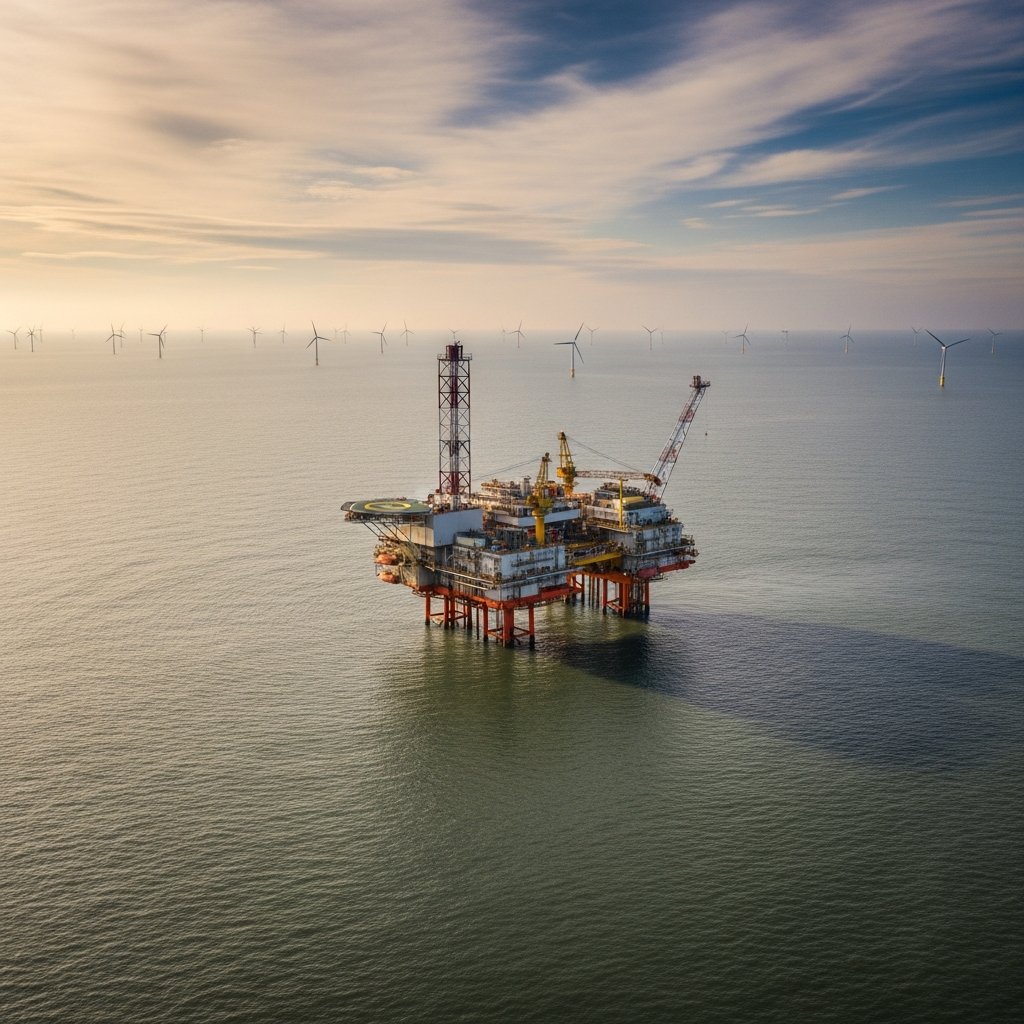 North Sea oil platform with offshore wind turbines visible in the background at golden hour