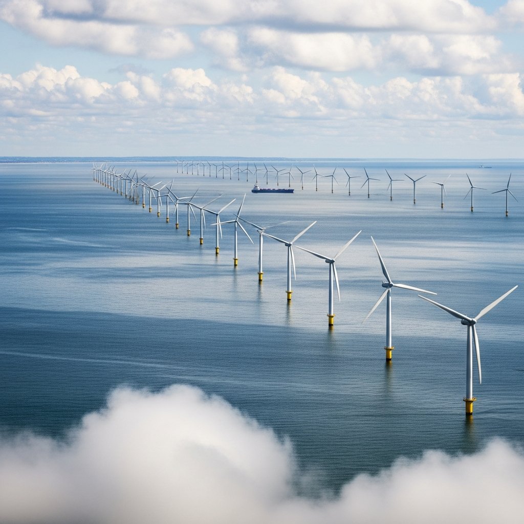 Large UK offshore wind farm stretching across the coastline representing Britain's renewable energy growth