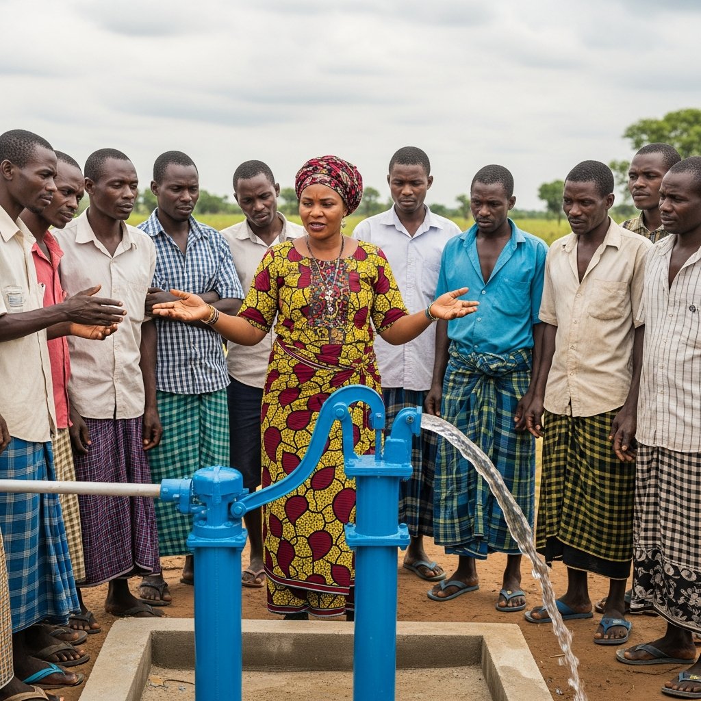 Woman community leader explaining water pump maintenance to village members in a developing country