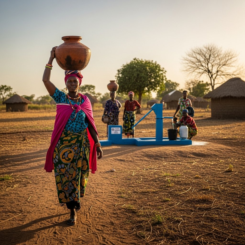Woman carrying water vessel in rural Africa near a community water pump at golden hour