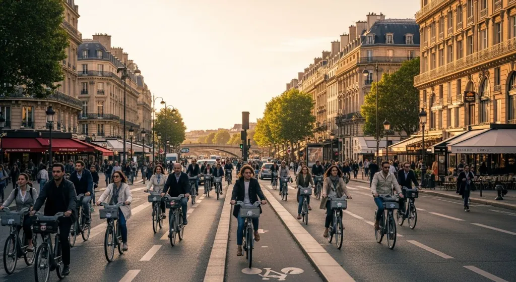 Cyclists riding a protected bike lane along a Parisian boulevard lined with Haussmann buildings at golden hour