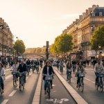 Cyclists riding a protected bike lane along a Parisian boulevard lined with Haussmann buildings at golden hour