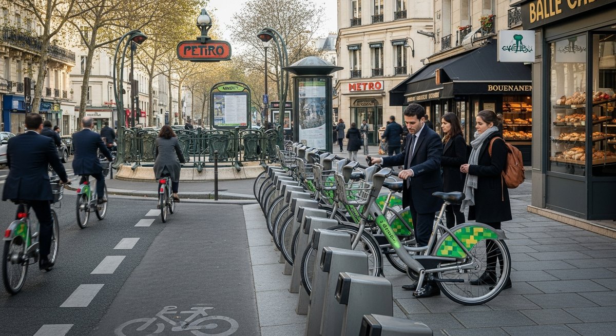 Commuter undocking a Vélib' electric hire bike at a Paris docking station during morning rush hour