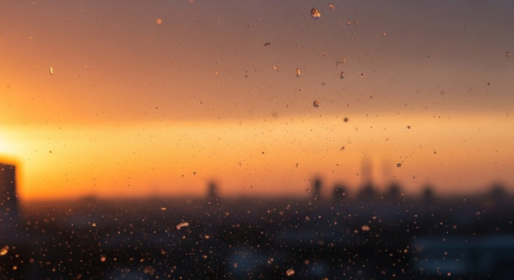 Tiny microplastic particles suspended in hazy urban air at dusk, glinting in warm amber light above a city skyline