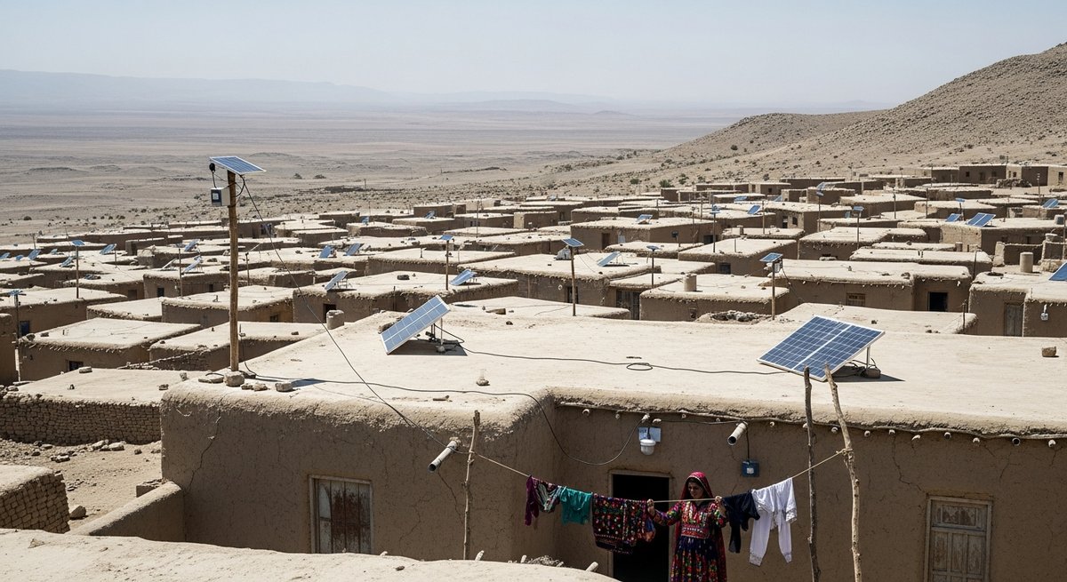 Remote Balochistan village with off-grid solar panels on mud-brick homes in an arid landscape, far from any power grid