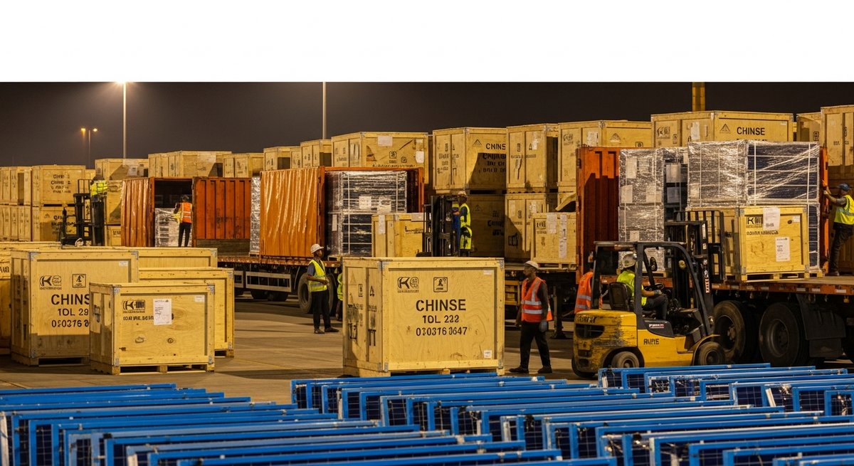 Warehouse workers unloading crates of Chinese solar panels at a Pakistani port, illustrating the mass import boom
