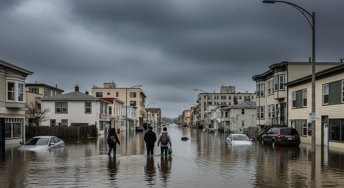 Flooded coastal city street with buildings and vehicles submerged in rising seawater illustrating sea level rise threat