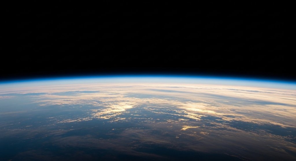 Aerial view of Earth's stratosphere with reflective aerosol haze scattering sunlight along the atmospheric horizon