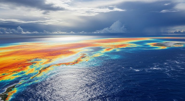 Aerial view of Pacific Ocean showing warm and cool water temperature contrasts with storm clouds forming on horizon