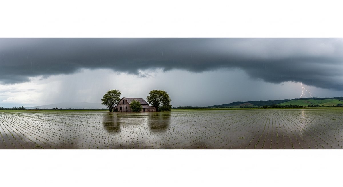Flooded South American farmland with submerged crops and storm clouds showing El Niño's devastating regional impact