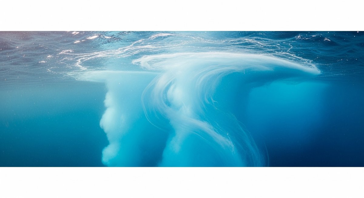 Underwater view of pale glacial meltwater plumes mixing with dark North Atlantic saltwater disrupting ocean circulation curre