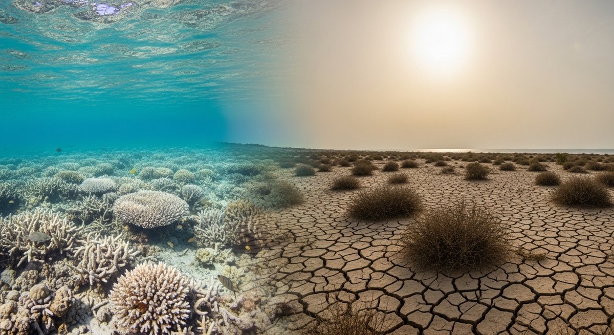 Bleached coral reef and cracked drought-stricken coastline illustrating how global warming amplifies El Niño damage