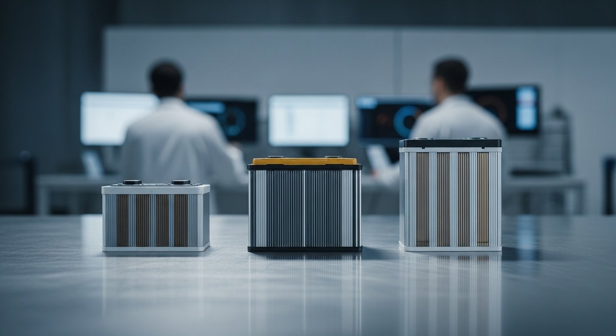 Three prismatic sodium-ion battery cell formats displayed on a steel surface in a battery research facility