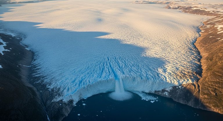 Aerial view of Greenland's ice sheet with glaciers calving into a fjord and meltwater rivers carving through ancient ice