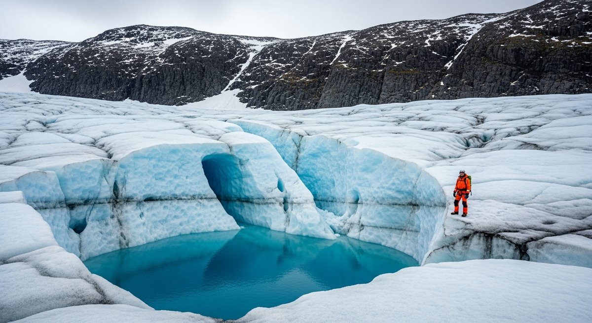 Scientist standing at the edge of a meltwater pool on the Greenland ice sheet surface surrounded by cracked ancient ice