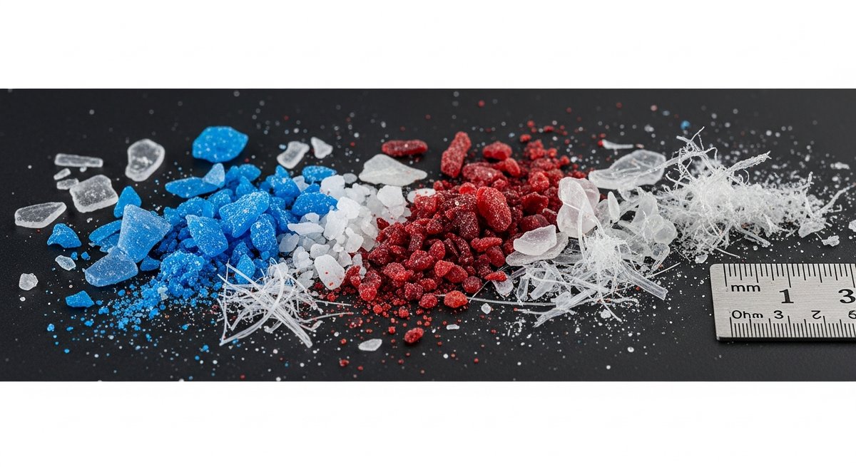 Macro shot of colorful microplastic fragments and fibers of varying sizes arranged on a dark surface with millimeter scale