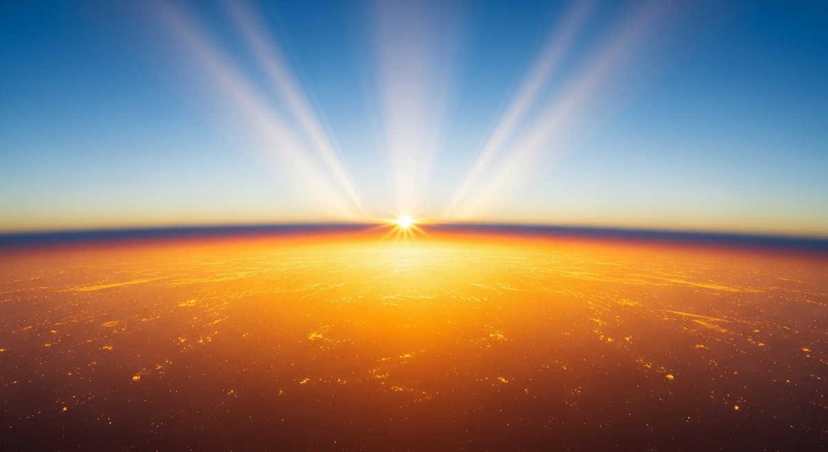 Sunlight rays interacting with a haze of microplastic particles in the atmosphere, warm glow suggesting trapped heat energy