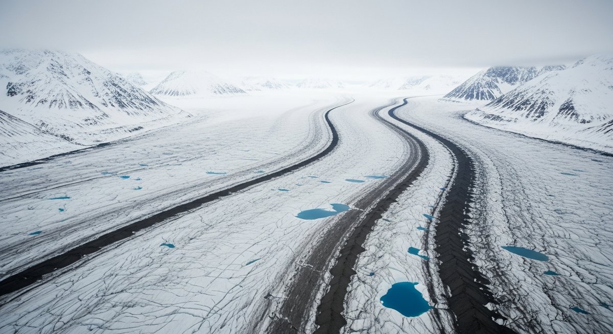 Aerial view of a glacier with dark particulate deposits on ice surface causing discoloration and accelerated melting