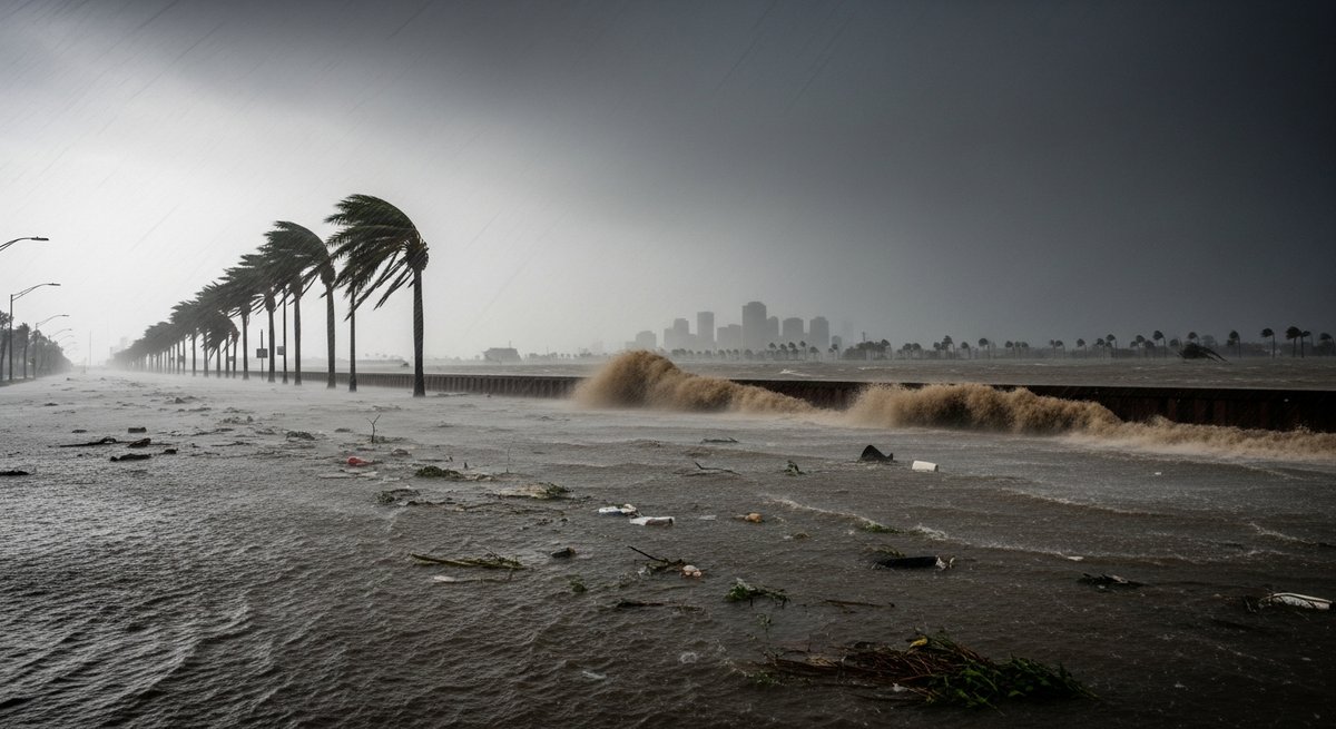 Hurricane battering New Orleans with sideways rain, flooded boulevard, and floodwater pressing against levee walls