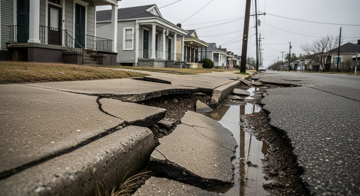Cracked sunken sidewalk and tilting utility poles in a New Orleans neighborhood illustrating land subsidence