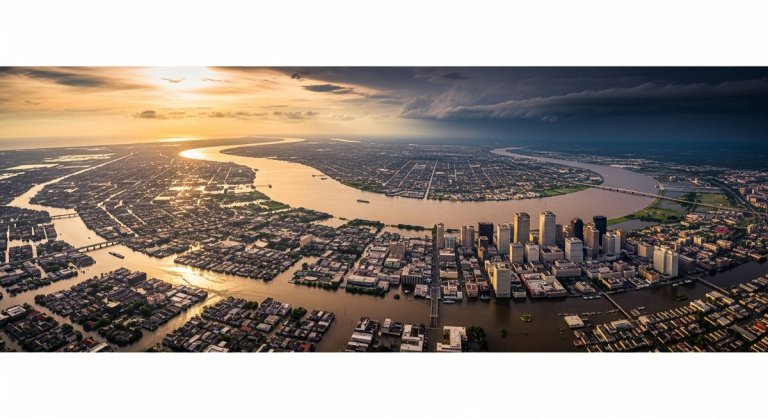 Aerial view of New Orleans below sea level, surrounded by levees with storm clouds gathering over the Gulf Coast