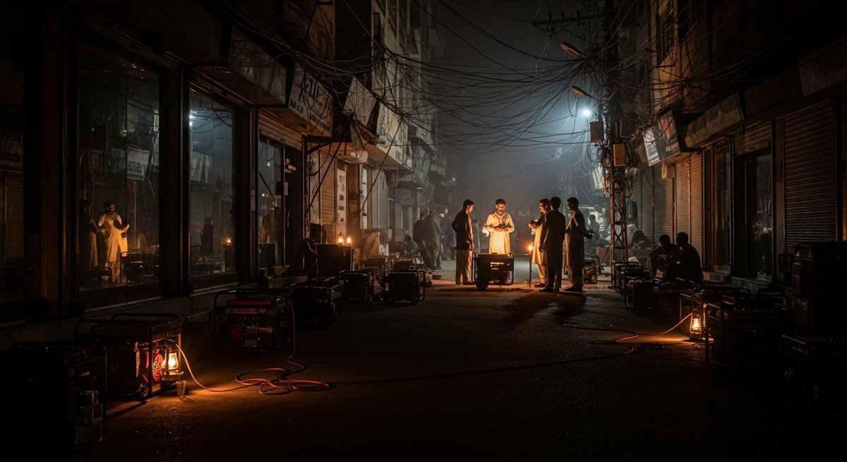 Pakistani street at night during load shedding blackout with diesel generators outside shops and people gathered in dim light