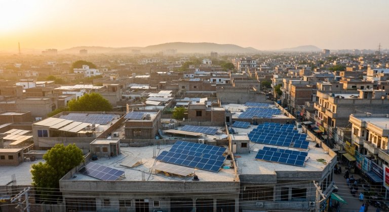 Aerial view of Pakistani rooftops covered in solar panels against an urban skyline, showing the country's solar boom