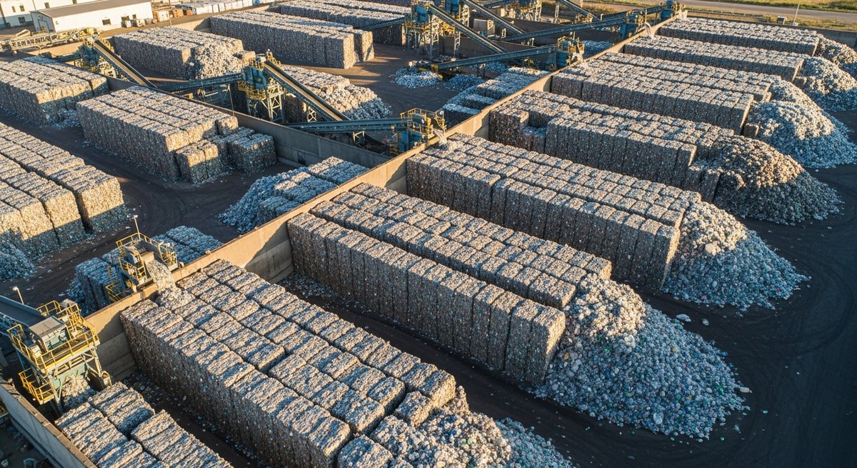Aerial view of a vast industrial plastic recycling facility filled with enormous bales of compressed plastic waste under afte
