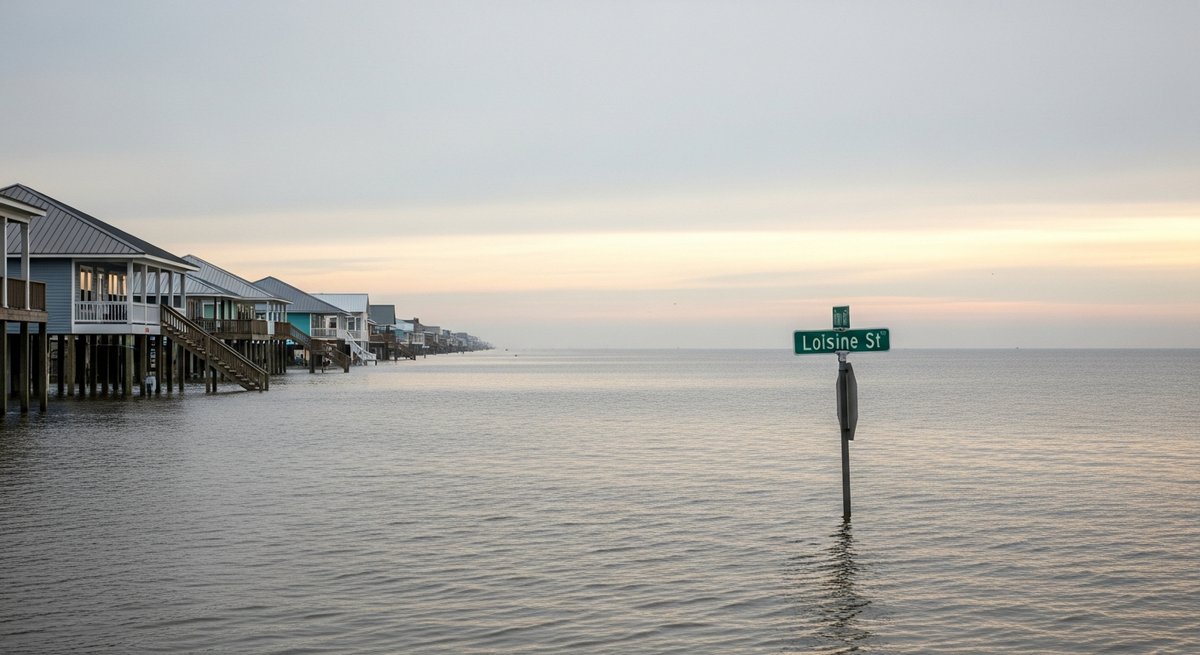 Flooded Louisiana coastal street with homes on stilts and a submerged road sign as sea levels visibly rise