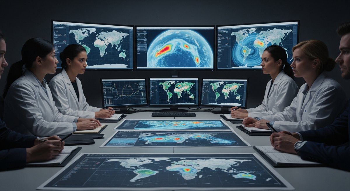 Researchers reviewing atmospheric modeling charts and global aerosol dispersal maps in a dimly lit high-security conference r