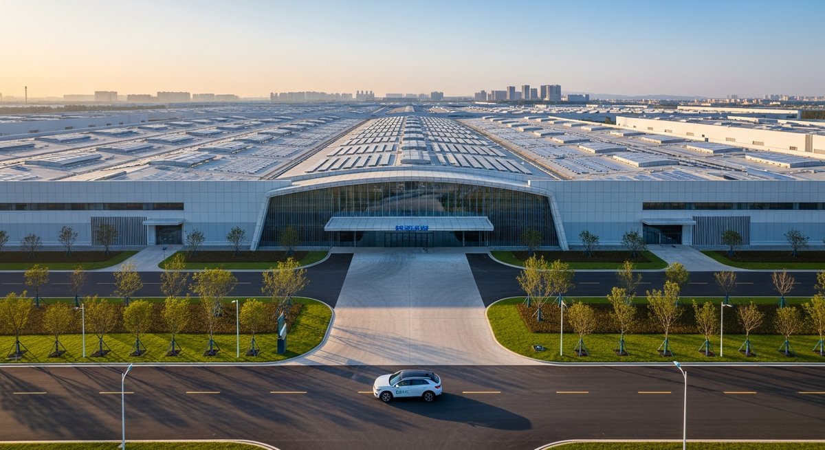 Aerial view of a battery gigafactory campus with a Volkswagen electric SUV parked in the foreground