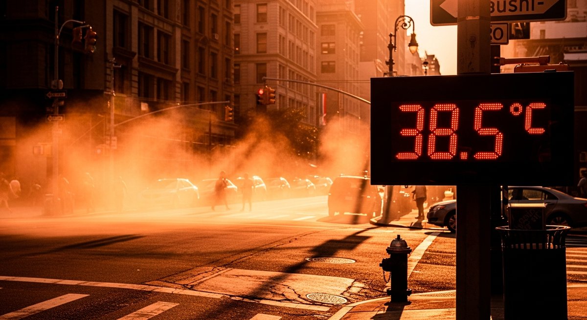 City street thermometer showing extreme heat with heat haze rising from scorched pavement and buildings in the background