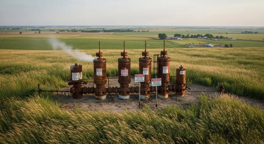 Aerial view of aging capped oil and gas wellheads overgrown with weeds in a rural American landscape