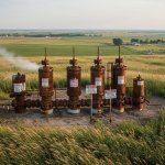 Aerial view of aging capped oil and gas wellheads overgrown with weeds in a rural American landscape
