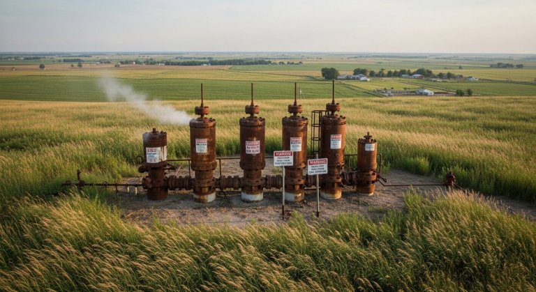 Aerial view of aging capped oil and gas wellheads overgrown with weeds in a rural American landscape