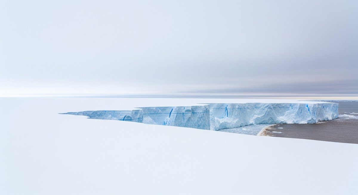 Vast Antarctic ice sheet showing compressed glacial ice layers meeting the warming ocean at its base