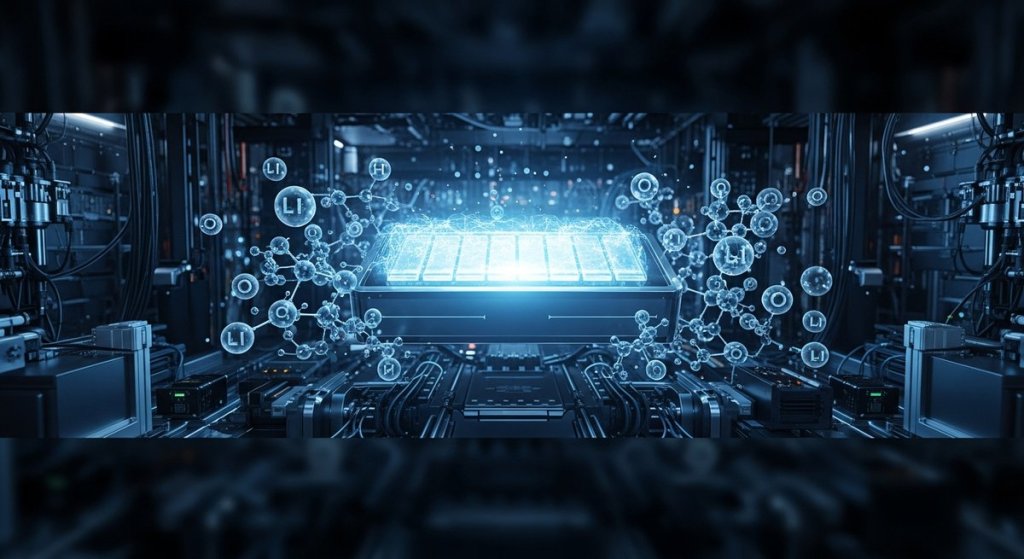 Futuristic EV battery cell glowing in a high-tech research laboratory with energy visualization